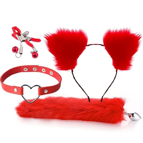 Ceciley Wolf Fox Pelzschwanz Stecker und Ohren Stirnband Tierkostüm Verkleidung Halloween Verstellbarer Kunstfellschwanz und Ohren (Rot 01) von Ceciley