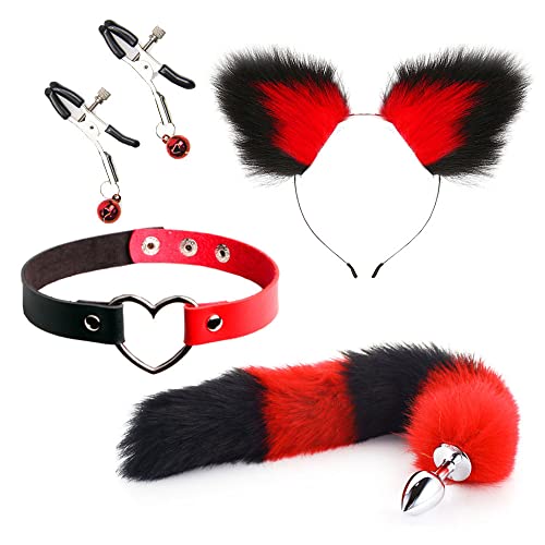 Ceciley Wolf Fox Pelzschwanz Stecker und Ohren Stirnband Tierkostüm Verkleidung Halloween Verstellbarer Kunstfellschwanz und Ohren (Rot Schwarz 01) von Ceciley