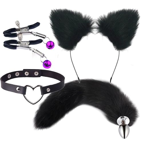 Ceciley Wolf Fox Pelzschwanz Stecker und Ohren Stirnband Tierkostüm Verkleidung Halloween Verstellbarer Kunstfellschwanz und Ohren (Schwarz 01) von Ceciley