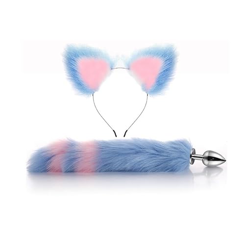 Ceciley Wolf Fuchs Pelzschwanz Stecker und Ohren Stirnband Tierkostüm Verkleidung Halloween Verstellbar Kunstfell Schwanz und Ohren (Blau Rosa) von Ceciley
