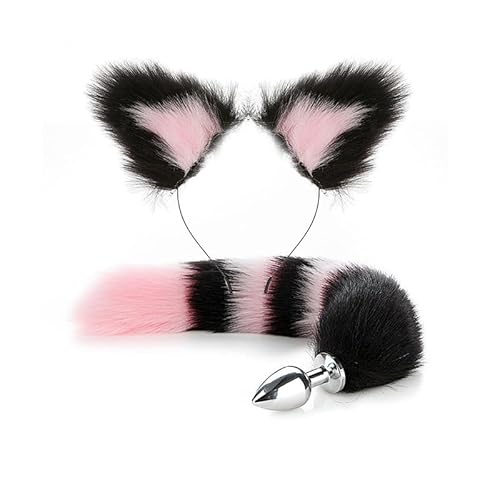 Ceciley Wolf Fuchs Pelzschwanz Stecker und Ohren Stirnband Tierkostüm Verkleidung Halloween Verstellbar Kunstfell Schwanz und Ohren (Rosa Schwarz) von Ceciley