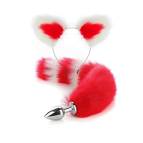Ceciley Wolf Fuchs Pelzschwanz Stecker und Ohren Stirnband Tierkostüm Verkleidung Halloween Verstellbar Kunstfell Schwanz und Ohren (Rot Weiß) von Ceciley