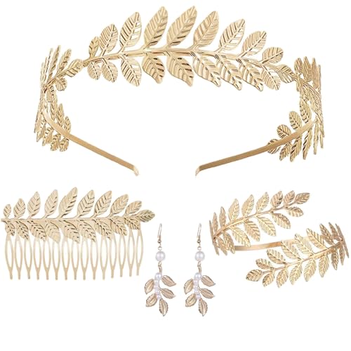 Ceeyoll 5 Stück Griechische Göttin Kostüm Schmuck Set,Römische Göttin Haarreif,Haarreifen Lorbeerkranz,Blatt Ohrringe Haarkamm, Braut Hochzeits Kopfschmuck für Braut Kopfschmuck Party Robe Cosplay. von Ceeyoll