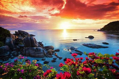 Puzzle 120 Teile,Puzzle für Erwachsene,Sonnenuntergang am Meer Blumen Puzzles Lernspiel Herausforderung Spielzeug,Kunsthandwerk für Heimdekoration Unterhaltungsspiel - mit Rahmen von Cekog