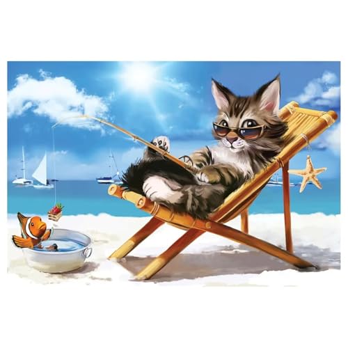 Strand Entspannende Katze - Puzzles für Erwachsene,Puzzle 200 Teile, Puzzle 35x25 cm DIY - Puzzles für Heimdekoration, Familienpuzzle für Erwachsene und Kinder von Cekog