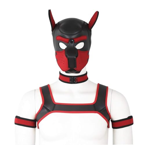 CelILucky Erwachsene Neopren Welpen Kapuze Custom Tier Kopfmaske Neuheit Kostüm Hund Kapuze Maske, Halsband, Armband und Geschirr Set (Rot) von CelILucky