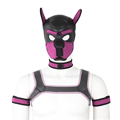 Erwachsene Neopren Welpen Kapuze Custom Tier Kopfmaske Neuheit Kostüm Hund Kapuze Maske, Halsband, Armband und Geschirr Set (Pink) von CelILucky