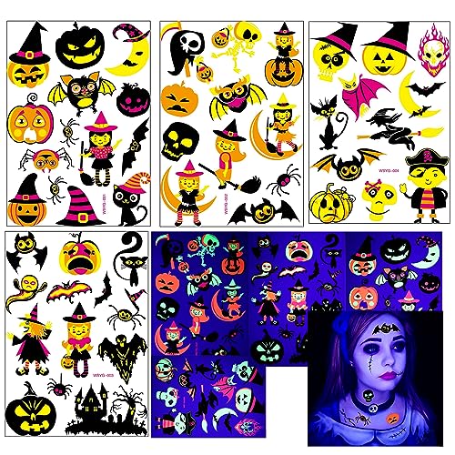 Halloween Tattoo Kinder, Leuchten im Dunkeln Halloween Temporäre Tattoos, halloween tattoo gesichts aufkleber, Halloween Party Dekoration Zubehör, fledermaus-tattoo, das im dunkeln leuchtet（4PCS） von Celawork