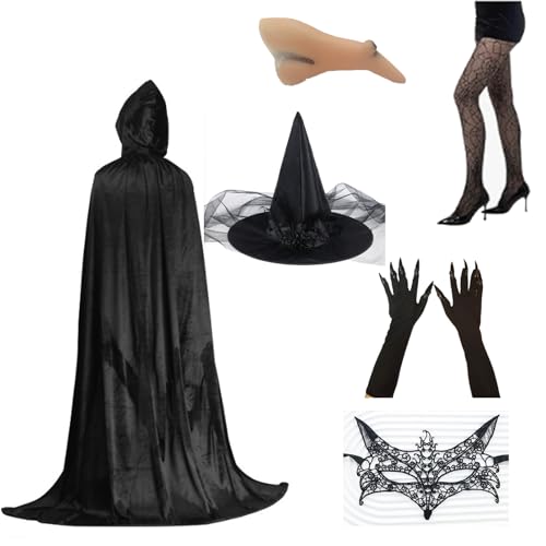 Celebration Directre Hexenkostüm für Erwachsene, Damen, Halloween-Kostüm, Set, Hexenhut, schwarze Handschuhe, Spitzenmaske für Halloween, Cosplay, Party Celebration Directre Hexenkostüm für Erwachsene, Damen, Halloween-Kostüm, Set, Hexenhut, schwarze Handschuhe, Spitzenmaske für Halloween, Cosplay, Party von Celebration Directre