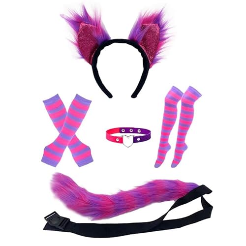 Celebration Directre Katzenfrau Halloween-Kostüm, gestreiftes Katzenkostüm für Mädchen und Damen, Katzenohren, Stirnband, Schwanz, Hals, Choker, rosa/lila, gestreifte Socken für Halloween, Cosplay von Celebration Directre