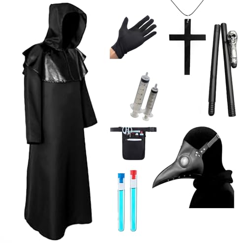 Celebration Directre Pest Doctor Halloween Cosplay Kostüm Set, Pest Doctor Maske Retro Leder Vogel Maske Lederhandschuhe Robe Skepter Kreuz Halskette Gürtel Beutel für Erwachsene Männer Frau von Celebration Directre