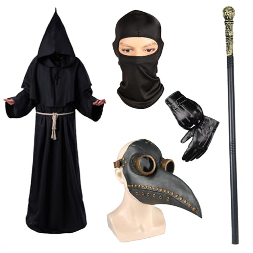 Celebration Directre Pestarzt Outfit, Halloween Pest Doktor Maske Priester Robe Kreuz Halskette Lederhandschuhe Zepter Gürtel Sturmhaube Fasching Halloween Kostüme für Damen und Herren (A) von Celebration Directre