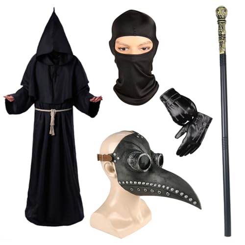 Celebration Directre Pestarzt Outfit, Halloween Pest Doktor Maske Priester Robe Kreuz Halskette Lederhandschuhe Zepter Gürtel Sturmhaube Fasching Halloween Kostüme für Damen und Herren (B) von Celebration Directre