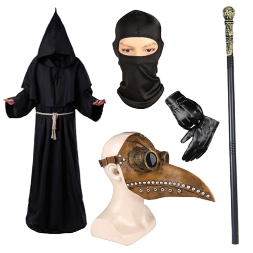 Celebration Directre Pestarzt Outfit, Halloween Pest Doktor Maske Priester Robe Kreuz Halskette Lederhandschuhe Zepter Gürtel Sturmhaube Fasching Halloween Kostüme für Damen und Herren (C) von Celebration Directre