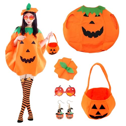 Halloween-Kürbis-Kostüm für Erwachsene, lustiges Kürbis-Outfit mit Kürbis-Hut, Süßigkeitentasche, Oberschenkelhohe Strümpfe, Brillen, Ohrringe, Halloween-Party, Kostüm, Kleidung, Outfits für Halloween-Kürbis-Kostüm für Erwachsene, lustiges Kürbis-Outfit mit Kürbis-Hut, Süßigkeitentasche, Oberschenkelhohe Strümpfe, Brillen, Ohrringe, Halloween-Party, Kostüm, Kleidung, Outfits für von Celebration Directre