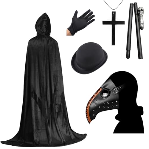 Halloween Pest Doktor Kostüm Erwachsene Kinder, Leder Pest Doktor Maske mit Kapuzenumhang, Zylinder Kreuz Halskette Handschuh Zepter Retro Cosplay Outfit Verkleidung Halloween Kostüme (Orange Schwarz) von Celebration Directre