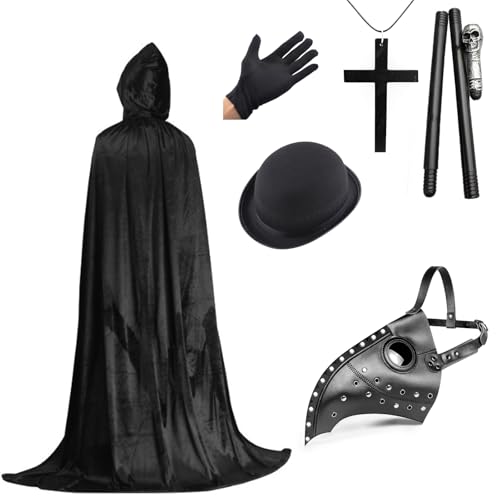 Halloween Pest Doktor Kostüm Erwachsene Kinder, Leder Pest Doktor Maske mit Kapuzenumhang, Zylinder Kreuz Halskette Handschuh Zepter Retro Cosplay Outfit Verkleidung Halloween Kostüme (Schwarz) von Celebration Directre