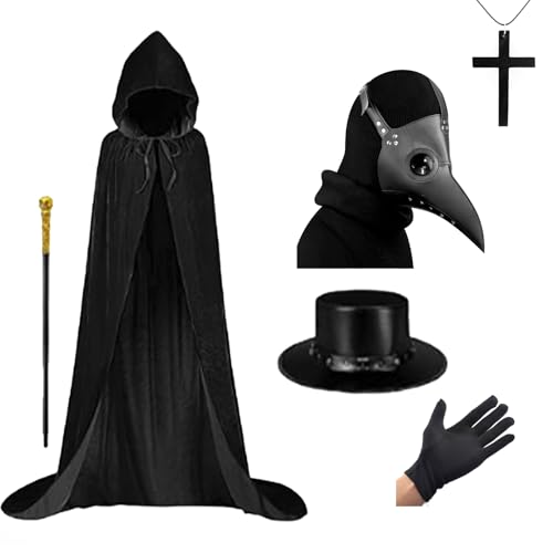 Pest Arzt Outfit, Pest Arzt Maske Lange Nase Vogel Schnabel Maske mit Halloween Kostüme Robe Hut Handschuhe Kreuz Halskette Skepter Halloween Kostüme für Erwachsene Cosplay Rollenspiel Party von Celebration Directre