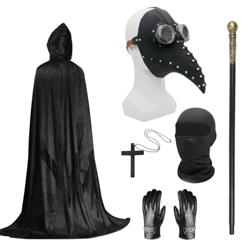 Pest-Doktor-Kostüm-Set, Halloween-Maske, lange Nase, Schnabelmaske, schwarz mit schwarzer Kapuze, Umhang, Kreuz-Halskette, Handschuhe, Gehstock, Vollgesichtsmaske für Halloween-Party, Punk-Karneval, von Celebration Directre