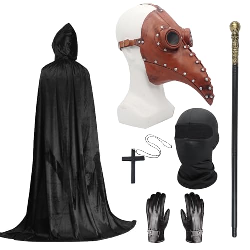 Pestarzt Kostüm Set, Halloween Maske Lange Nase Schnabel Maske Schwarz mit schwarzer Kapuze Umhang Kreuz Halskette Handschuhe Stock Vollgesichtsmaske für Halloween Party, Punk Karneval, Maskerade von Celebration Directre