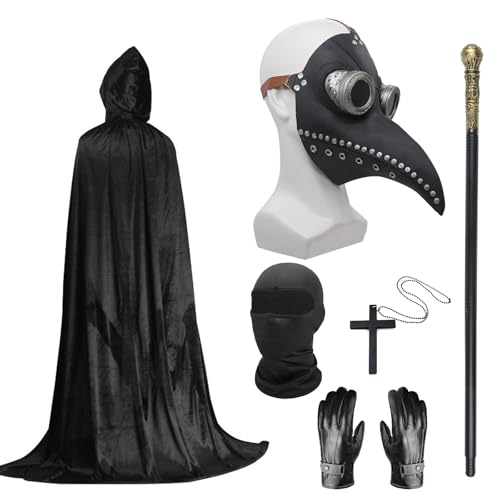 Pestarzt Kostüm Set, Halloween Maske Lange Nase Schnabel Maske Schwarz mit schwarzer Kapuze Umhang Kreuz Halskette Handschuhe Stock Vollgesichtsmaske für Halloween Party, Punk Karneval, Maskerade (B) von Celebration Directre