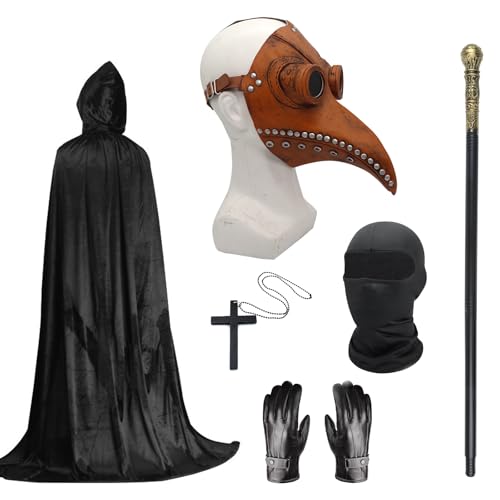 Pestarzt Kostüm Set, Halloween Maske Lange Nase Schnabel Maske Schwarz mit schwarzer Kapuze Umhang Kreuz Halskette Handschuhe Stock Vollgesichtsmaske für Halloween Party, Punk Karneval, Maskerade von Celebration Directre
