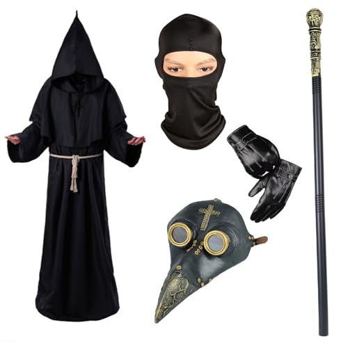 Pestarzt-Maske, Retro-Ledermaske, Vogelmaske, Zauberer, Kapuzenumhang, Priestermantel, Lederhandschuhe, Kreuz-Halskette, Zepter-Gürtel, Sturmhaube, Mittelalter-Kostüme für Halloween-Party von Celebration Directre