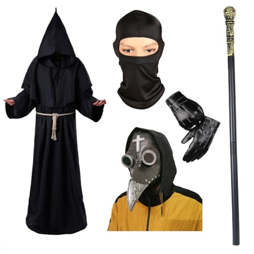 Pestarzt-Maske, Retro-Ledermaske, Vogelmaske, Zauberer, Kapuzenumhang, Priestermantel, Lederhandschuhe, Kreuz-Halskette, Zepter-Gürtel, Sturmhaube, Mittelalter-Kostüme für Halloween-Party von Celebration Directre