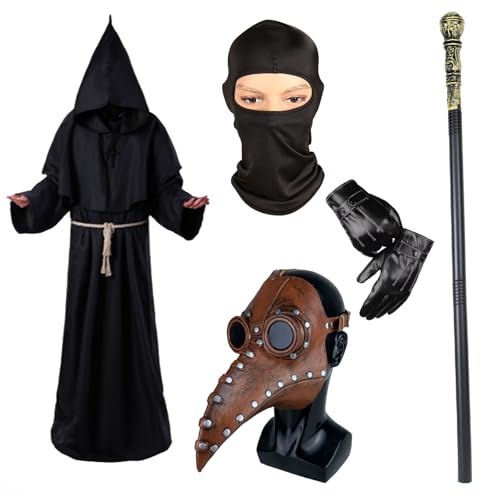 Pestarzt Maske Requisiten, Lange Nase Vogel Schnabel Steampunk Masken Priester Robe Handschuhe Halskette Zepter Gürtel Sturmhaube Steampunk Verkleidung Cosplay Kostüm für Halloween Karneval Party von Celebration Directre