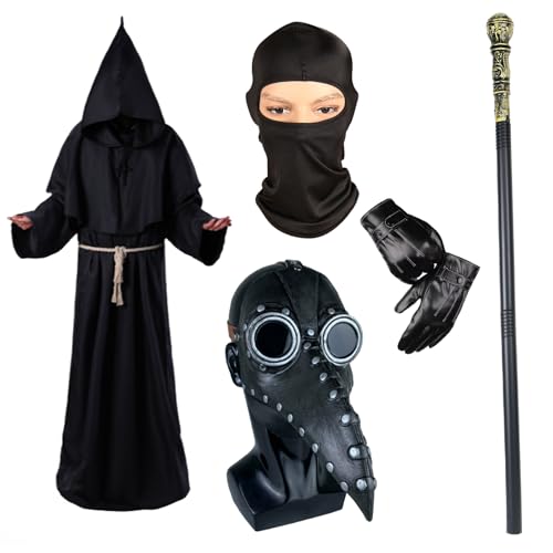 Pestarzt Maske Requisiten, Lange Nase Vogel Schnabel Steampunk Masken Priester Robe Handschuhe Halskette Zepter Gürtel Sturmhaube Steampunk Verkleidung Cosplay Kostüm für Halloween Karneval Party von Celebration Directre