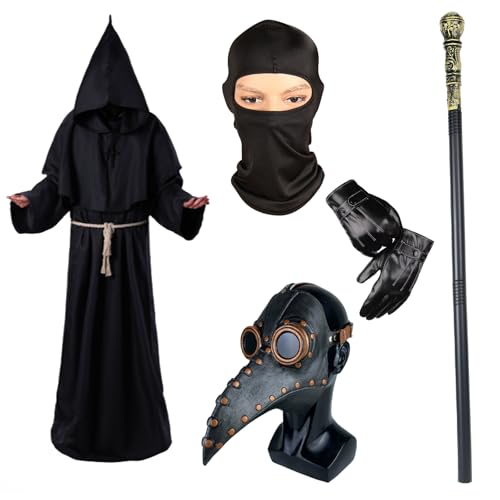 Pestarzt Maske Requisiten, Lange Nase Vogel Schnabel Steampunk Masken Priester Robe Handschuhe Halskette Zepter Gürtel Sturmhaube Steampunk Verkleidung Cosplay Kostüm für Halloween Karneval Party von Celebration Directre