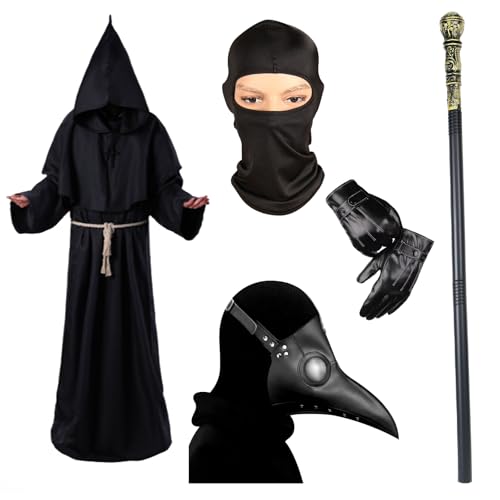 Pestdoktor Halloween-Kostüm, lange Nase Schnabelmaske Erwachsene Pestarzt Maske Priester Robe Zepter Kreuz Halskette Gürtel Lederhandschuhe Sturmhaube Halloween Karneval Fasching Cosplay Kostüm von Celebration Directre
