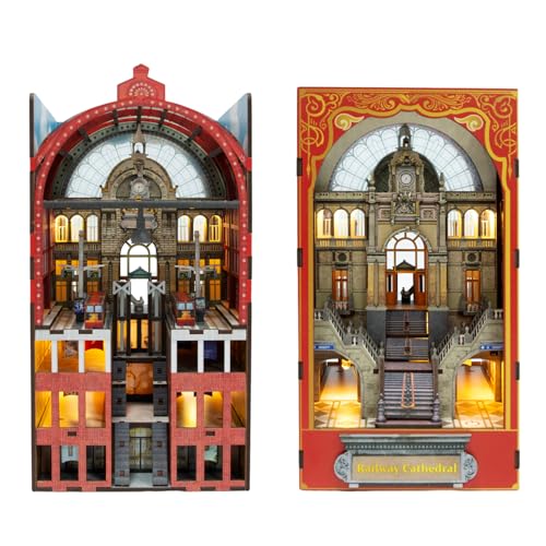Book Nook Kit Eisenbahn-Kathedrale Doppelseitig DIY Puppenhäuser Miniatur Haus Kit mit Möbeln und LED-Licht 3D Puzzle Buchstützen aus Holz Buch Ecke Miniatur Kit für Erwachsene Teens von Celeraur