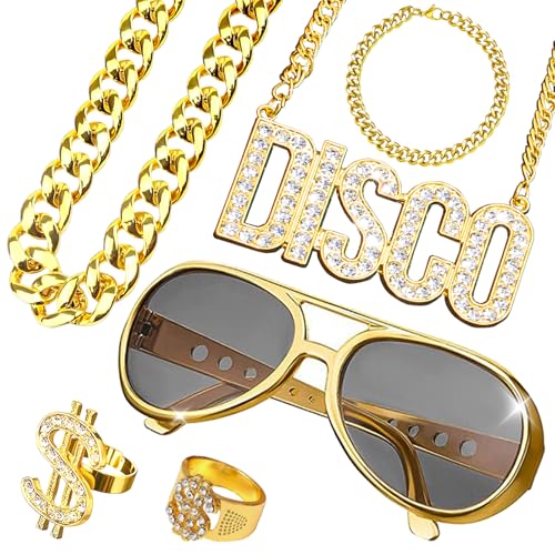 Celestia 6 Stück Zuhälter Kostüm, 80er 90er Jahre Outfit Herren Hip Hop Kostüm, Goldkette, Herren Gangster Gang Sonnenbrille, Goldene Dollar Kette, Ring, Für Karneval, Fasching, Mottoparty, Halloween Celestia 6 Stück Zuhälter Kostüm, 80er 90er Jahre Outfit Herren Hip Hop Kostüm, Goldkette, Herren Gangster Gang Sonnenbrille, Goldene Dollar Kette, Ring, Für Karneval, Fasching, Mottoparty, Halloween von Celestia
