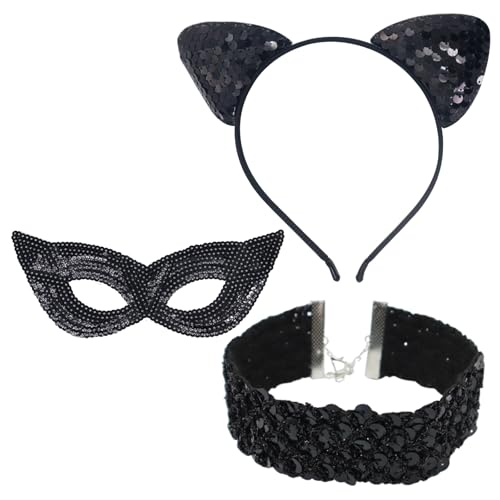 Celiodd 3-Teiliges Set Katzenohren Halloween Haarreif Katzenohren Damen Katzenohren Glitzer Katzenkostüm Zubehör Damen Inklusive Katzenohren-Stirnband Halsband Maske und Augenmaske für Cosplay Celiodd 3-Teiliges Set Katzenohren Halloween Haarreif Katzenohren Damen Katzenohren Glitzer Katzenkostüm Zubehör Damen Inklusive Katzenohren-Stirnband Halsband Maske und Augenmaske für Cosplay von Celiodd