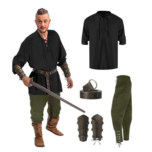 Celucke Mittelalter Hemd Viking Kostüm Herren Renaissance Viktorian Piraten Schnürhemd Fischerhemd Kriegerin Gothic Stehkragen Cosplay Top Hose Männer Armschützer Steampunk Ritter Gürtel von Celucke