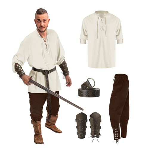 Celucke Mittelalter Hemd Viking Kostüm Herren Renaissance Viktorian Piraten Schnürhemd Fischerhemd Kriegerin Gothic Stehkragen Cosplay Top Hose Männer Armschützer Steampunk Ritter Gürtel von Celucke