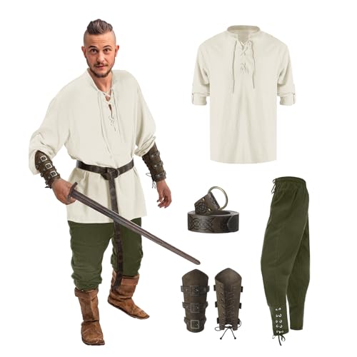 Celucke Mittelalter Kleidung Herren Set Herren Renaissance Kostüm Set mit Leinenhemd Herren Mittelalterliches Piratenhemd Mittelalter Hose mit Knöchelriemen Gürtel Handgelenkschützer Zubehör von Celucke