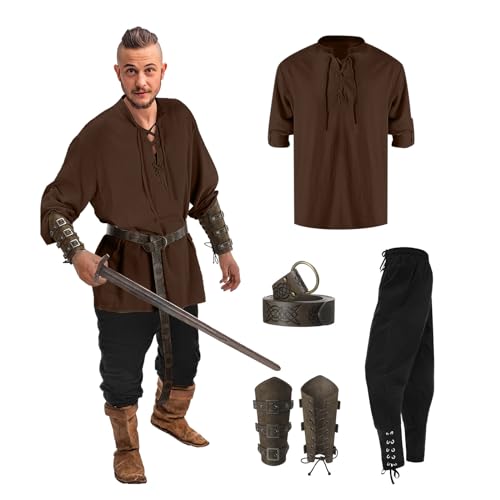 Celucke Wikinger Kostüm Herren Hemd Piratenkostüm Leinenstoff Renaissance Kleidung Mittelalterliche Kleidung Klassisches Schnürhemd Piratenhemd Hose Accessoire Set 4-teiliges Set Cosplay Top von Celucke