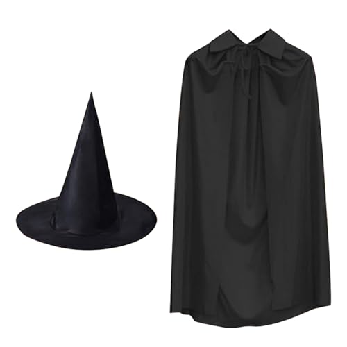 Umhang mit Hexenhut für Halloween, Hexenkostüm für Erwachsene/Kinder, Halloween, Cosplay, Kostüm, langer Umhang, Kostüm für Maskenball (Schwarz, 140 cm) von Celuicion