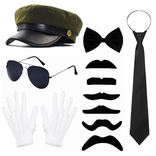 6 Stück Chauffeur Kostüm Zubehör 1980er Gangster Kostüm Zubehör Schwarz Hut Sonnenbrille, Fliege, Krawatte, Schnurrbart, Handschuhe Hochzeitsfahrer Outfit für Cosplay Halloween Karneval (Style 2) 6 Stück Chauffeur Kostüm Zubehör 1980er Gangster Kostüm Zubehör Schwarz Hut Sonnenbrille, Fliege, Krawatte, Schnurrbart, Handschuhe Hochzeitsfahrer Outfit für Cosplay Halloween Karneval (Style 2) von Celvibe