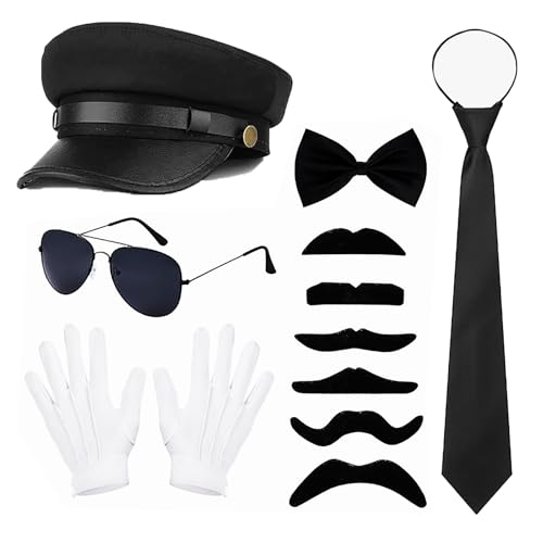 6 Stück Chauffeur Kostüm Zubehör 1980er Gangster Kostüm Zubehör Schwarz Hut Sonnenbrille, Fliege, Krawatte, Schnurrbart, Handschuhe Hochzeitsfahrer Outfit für Cosplay Halloween Karneval (Style 1) 6 Stück Chauffeur Kostüm Zubehör 1980er Gangster Kostüm Zubehör Schwarz Hut Sonnenbrille, Fliege, Krawatte, Schnurrbart, Handschuhe Hochzeitsfahrer Outfit für Cosplay Halloween Karneval (Style 1) von Celvibe