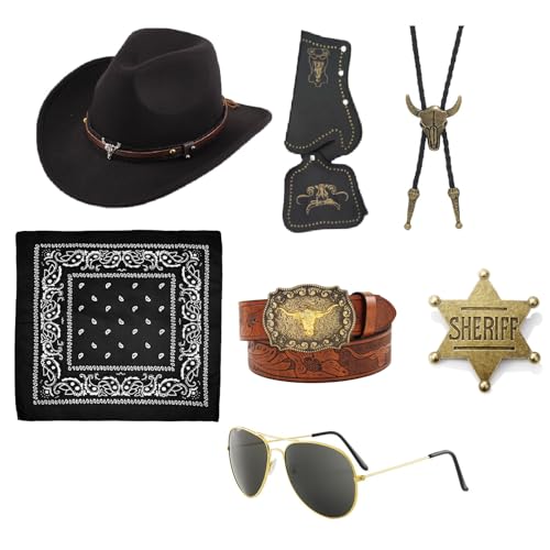 7Pcs Western Cowboy Fancy Dress Accessories Set, for Men Western Cowboy Costume with Hat, Holsters, Necklace, Bandanna, Sheriff Badge, Belt, Glasses for Halloween Adult Cosplay (Style 1) von Celvibe