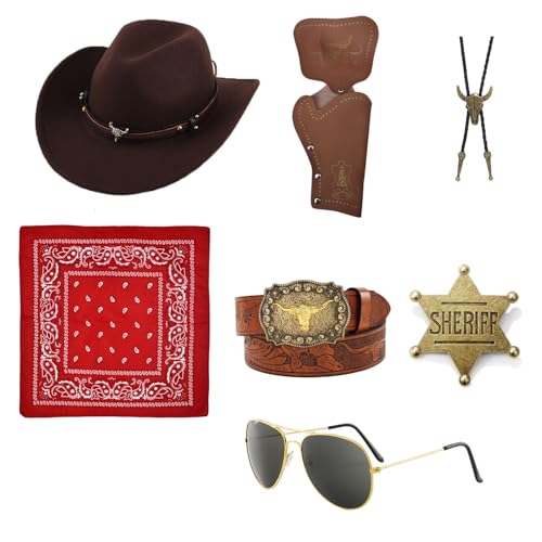 7Pcs Western Cowboy Fancy Dress Accessories Set, for Men Western Cowboy Costume with Hat, Holsters, Necklace, Bandanna, Sheriff Badge, Belt, Glasses for Halloween Adult Cosplay (Style 2) von Celvibe