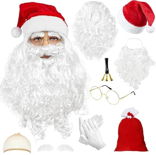 9 Pcs Santa Claus Accessory Set, Christmas Fancy Dress Cosplay Outfit with Hat, Wig, Beard, Hair Wig Cap, Gloves, Bell, Glasses, Bag for Christmas Party Festive Celebrations (Style 1) von Celvibe