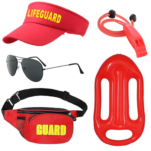 Celvibe 5 Stück Rettungsschwimmer Kostüm Set, Lifeguard Fasching Kostüm Herren Damen mit Rot Rettungshilfe, Baywatch Kostüm Zubehör für Mottoparty (Rot, Style 1) von Celvibe