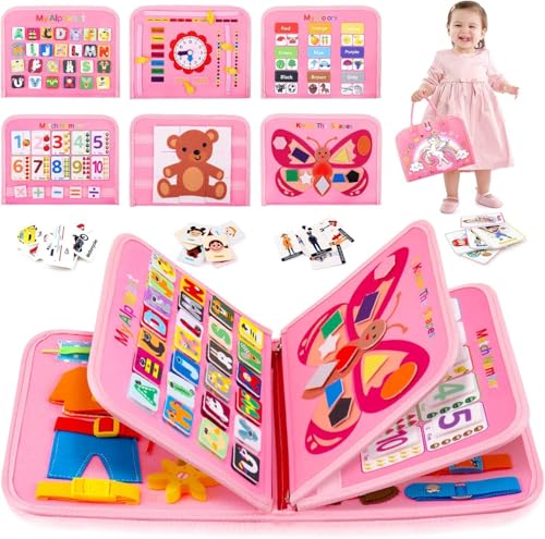 Celvibe Busy Board Quiet Book Montessori für Kinder Junge Mädchen Interaktives Activity Board Spielzeug Weichem Filz Frühe Bildung, Motorikspielzeug Reise Spielzeug Geschenk (Rosa, Style 3) von Celvibe