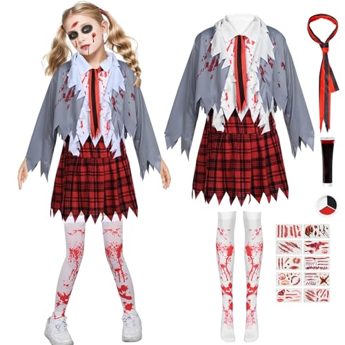 Celvibe Cheerleader Kostüm Kinder Halloween Zombie Kostüm Mädchen mit Horror Cheerleader Pompoms Strümpfe Blutnarbe Temporäre Tattoos Krawatten für Halloween Karnevals Cosplay (Grau, M) von Celvibe