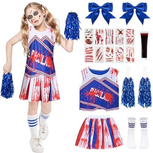 Celvibe Cheerleader Kostüm Kinder Halloween Zombie Kostüm Mädchen mit Horror Cheerleader Pompoms Strümpfe Blutnarbe Temporäre Tattoos für Halloween Karnevals Cosplay (Blau, M) von Celvibe