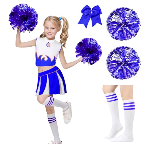 Celvibe Cheerleader Kostüm Mädchen, Cheerleadering Outfit Uniform mit Pompoms, Cheer Outfit für Kinder Karneval Halloween,Fasching,Mottoparty (Blau, 120) von Celvibe